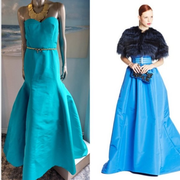*$6,000 OSCAR DE LA RENTA OCEAN BLUE SILK LONG RUNWAY GOWN US 10